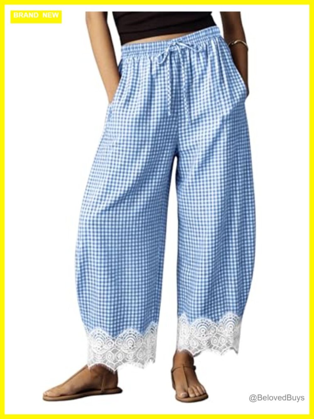 Womens Lace Trim Gingham Barrel Pants Wide Leg Drawstring Waist